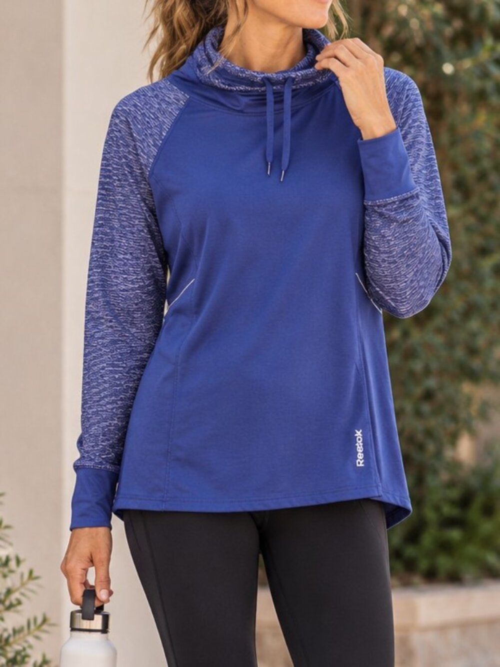 Reebok Womens Blue Athletic Pullover Top Large Funnel Neck Heather  Long Sleeve